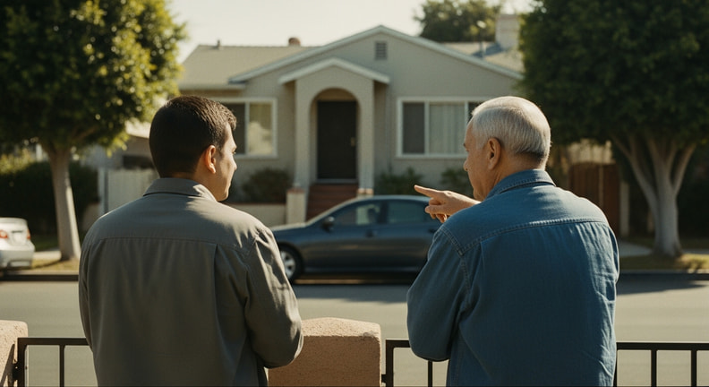 Two neighbors stand talking at a low front fence in the afternoon, one of them gesturing toward a house further along the street.