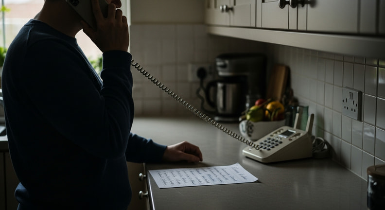 A person stands at a kitchen counter making a phone call with a handwritten list of questions on the counter in front of them, in ordinary morning light.