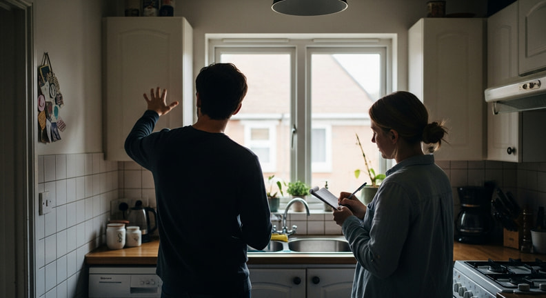 Two people stand together in a kitchen, one gesturing toward a wall while explaining something and the other listening and taking notes on a pad.
