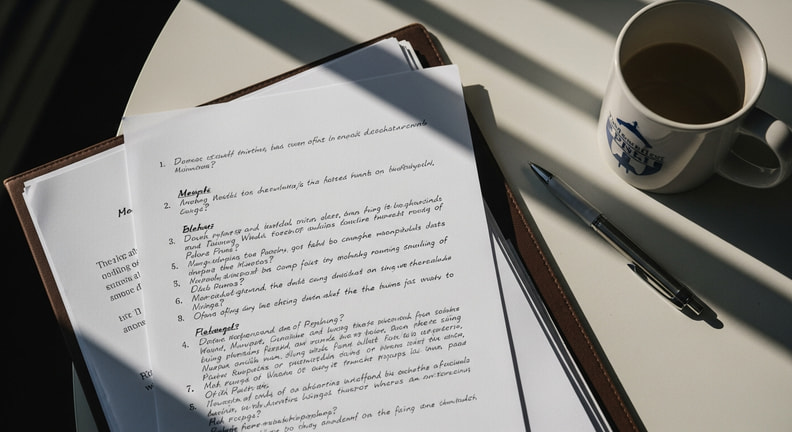 A printed page of handwritten questions sits on a table beside a pen and a mug, with a folder of notes underneath, photographed from above.