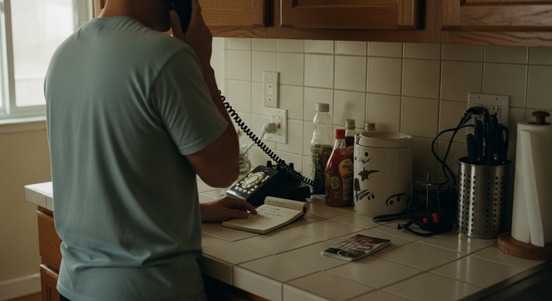 A person stands at a kitchen counter with a phone to their ear and a small open notepad on the counter beside them, seen from behind.