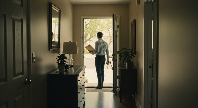 A visitor stands at an open front door carrying a document folder, photographed from inside the hallway looking out.