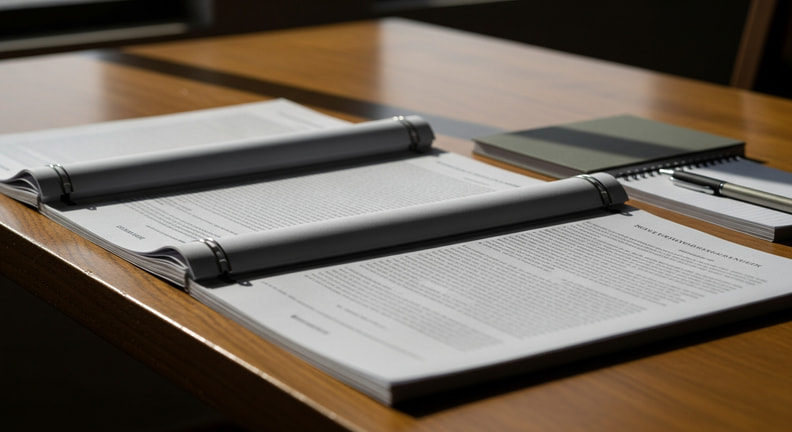 Three stapled multi-page documents lie side by side on a table, seen at an angle so the text is not legible, with a pen and a notepad beside them.