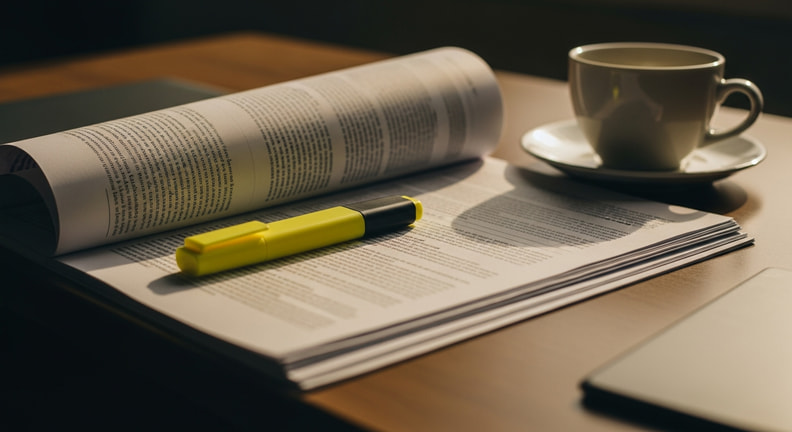 A close view of a printed proposal document on a desk with a highlighter resting on it, the text angled away and not legible, beside a cup of coffee.