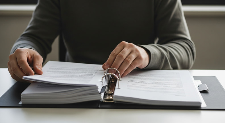 A person at a desk assembles a small stack of printed pages into a folder, organizing documents into labeled sections.