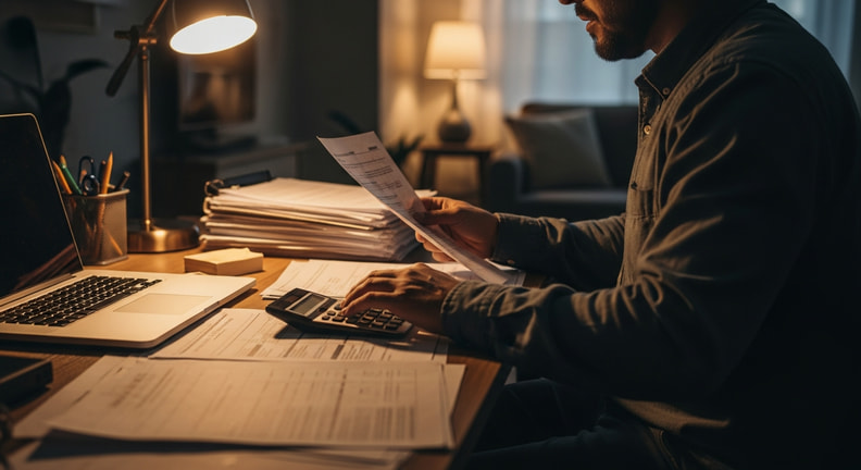 A builder works late at a cluttered desk with a calculator, a laptop turned away and loose stacks of paperwork under a desk lamp, photographed from over the shoulder.