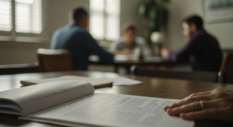 A close-up of a multi-page printed document open on a table with a hand resting at the edge of the page, the text too soft to read.