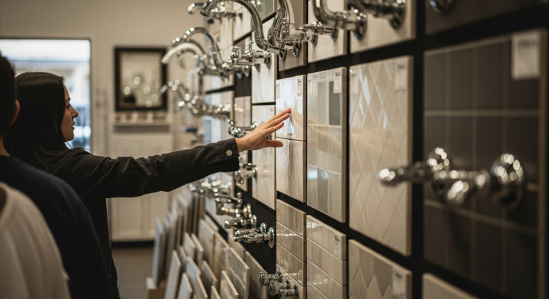 An aisle of tile and faucet displays in a supply showroom, with a person reaching out to touch one tile sample on a display board.