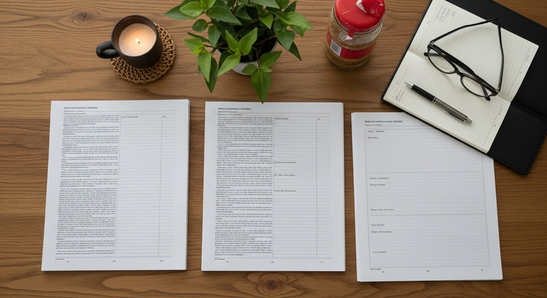 Three multi-page documents laid out side by side on a large table with a notebook, a pen and reading glasses resting beside them, viewed from above at an angle where the text is not legible.
