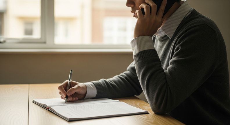 A person sits at a table on a phone call with a proposal document open in front of them and a pen in hand, marking a note in the margin.