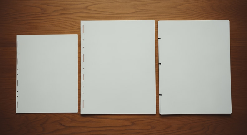 Three stapled paper documents laid side by side on a plain wooden table, photographed from directly overhead in soft daylight.