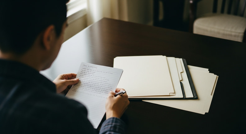 A person at a table reads their own handwritten meeting notes with document folders stacked beside them, seen from over the shoulder.