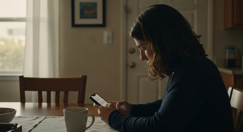 A person sits at a kitchen table in morning light composing a message on a phone, with a cup beside them on the table.