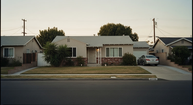 A modest single-story Los Angeles home seen from across the street in late afternoon light, with mature planting in the front yard and a car in the driveway.