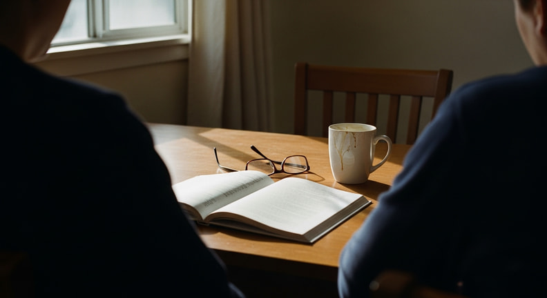 An open printed booklet lies on a kitchen table beside a mug of coffee and a pair of reading glasses in morning light, with two people seated at the table and the pages out of focus.