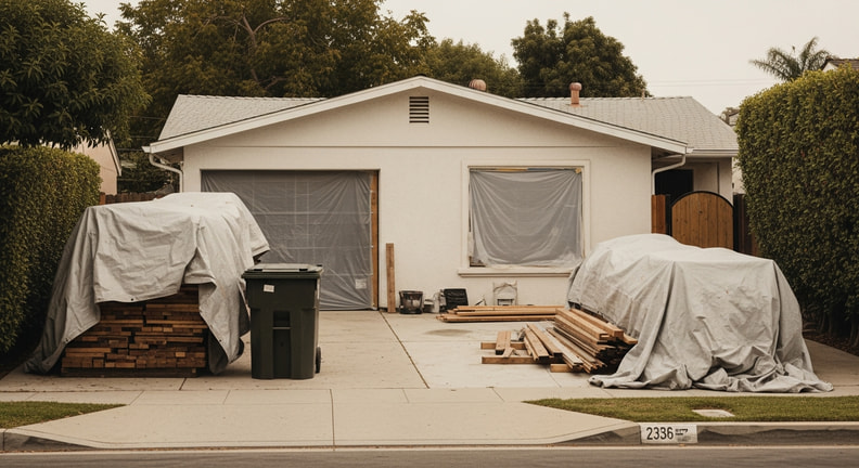 A single-family house in the middle of a remodel seen from the street, with a waste container in the driveway, stacked lumber under plain tarps and plastic covering a window opening.