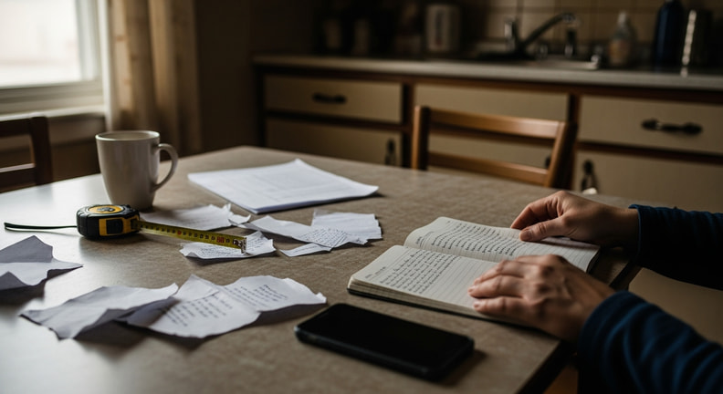 A pair of hands gathers scattered handwritten notes and scraps of paper together toward a single open notebook page on a kitchen table, next to a tape measure and a mug.