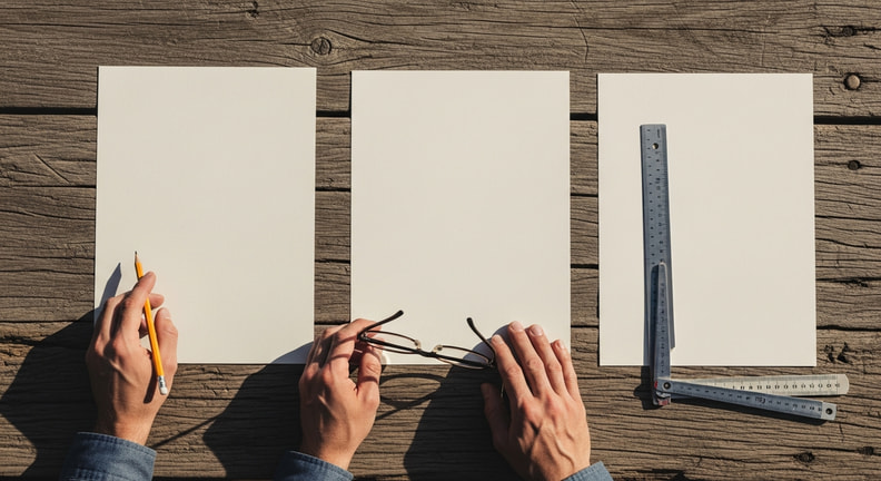Overhead view of three identical blank sheets of paper laid side by side on a wooden workbench, each beside a different pair of working hands holding a pencil, reading glasses and a folding ruler.