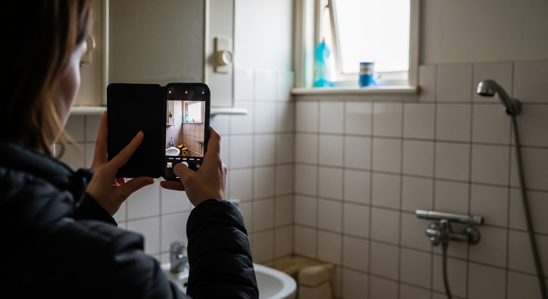A person photographs the corner of a dated, tiled bathroom with a phone, seen from behind their shoulder in ordinary daylight.